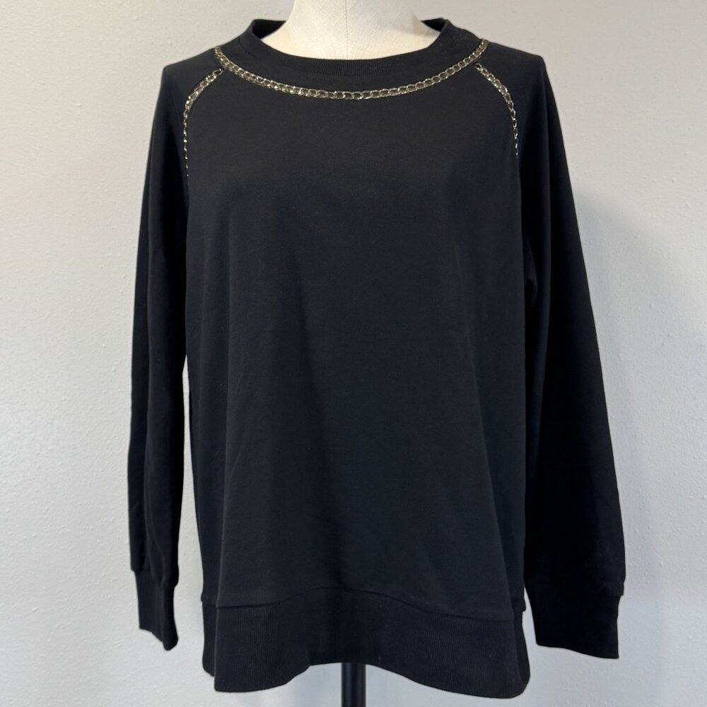 Vocal Chain Detail Black Tunic Top Womens Small Long Sleeve Pull Over Blouse